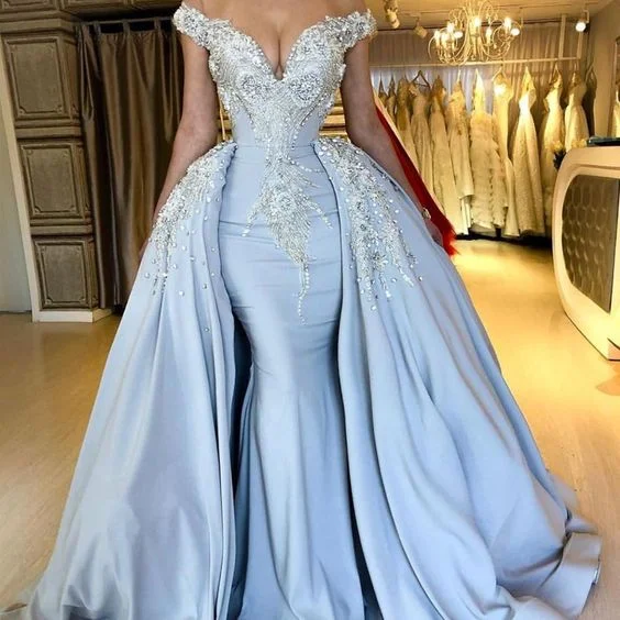 silver luxury evening dresses with detachable skirt 2020 crystals lace appliqué elegant evening gowns silver luxury evening dresses with detachable skirt 2020 crystals lace appliqué elegant evening gowns