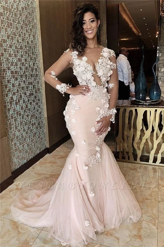 floral pink evening dresses long sleeve v neck mermaid lace applique elegant evening gown vestidos floral pink evening dresses long sleeve v neck mermaid lace applique elegant evening gown vestidos