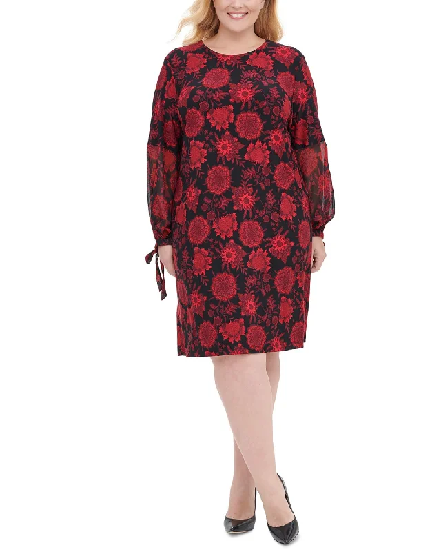 Tommy Hilfiger Women's Plus Size Printed Chiffon-Sleeve Shift Dress Black Size 20W | Black Tommy Hilfiger Women's Plus Size Printed Chiffon-Sleeve Shift Dress Black Size 20W | Black
