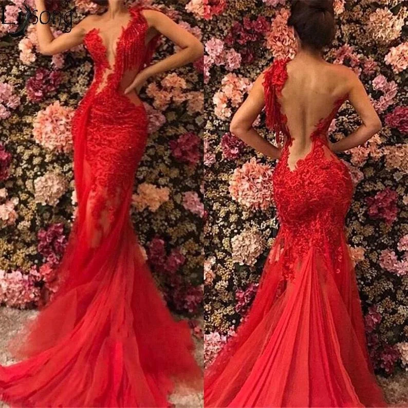 red tassel evening dresses long lace applique beaded mermaid modest backless sexy formal evening gown red tassel evening dresses long lace applique beaded mermaid modest backless sexy formal evening gown
