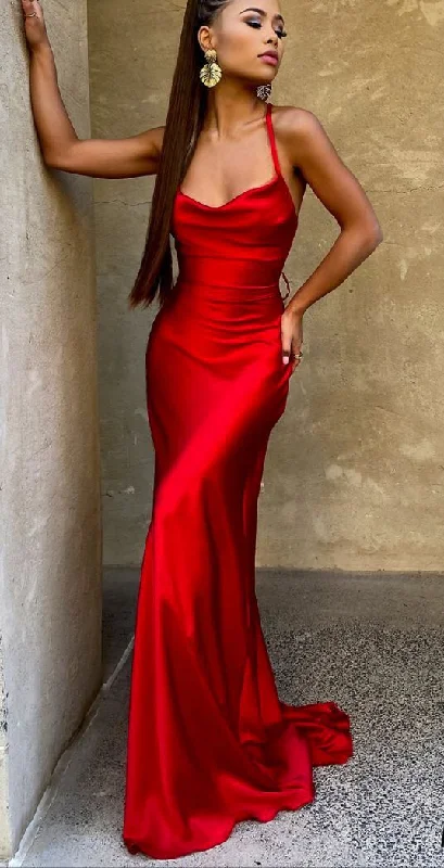 Classic Mermaid Red Cowl Neck Satin Prom Dress cc680