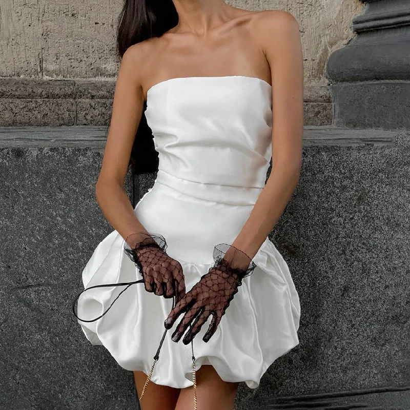 Women's White Satin Sexy Strapless Fitted Tulip Skirt Dress