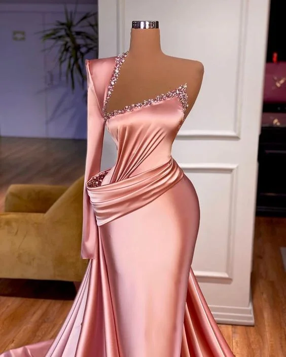satin pink evening dresses long one shoulder beaded mermaid elegant modest formal dress abendkleider satin pink evening dresses long one shoulder beaded mermaid elegant modest formal dress abendkleider