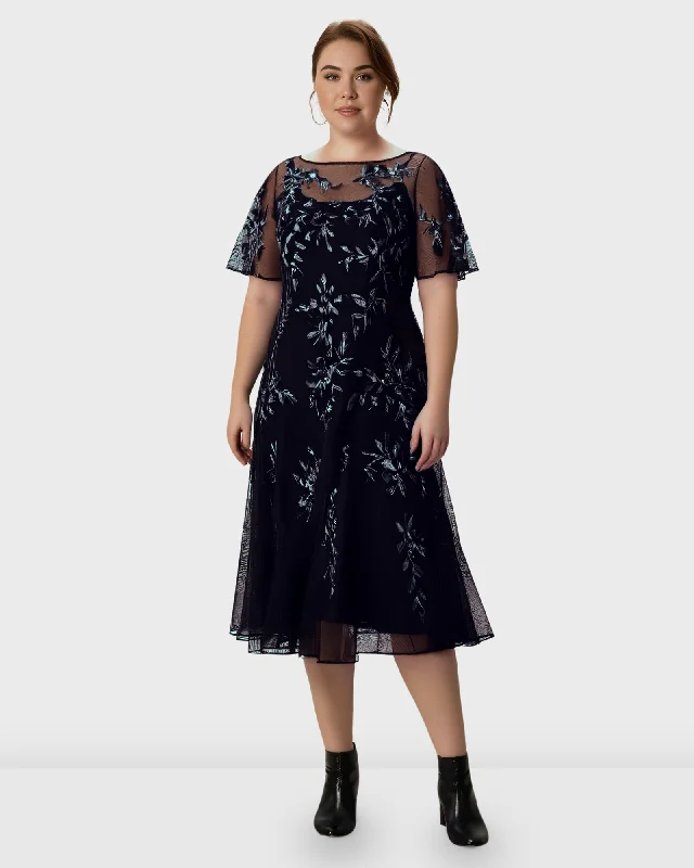 Floral Embroidery Tulle A-Line Dress | Black