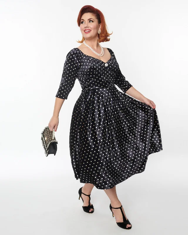 Unique Vintage Black & White Polka Dot Velvet Lamar Swing Dress | Black/Polka Dot