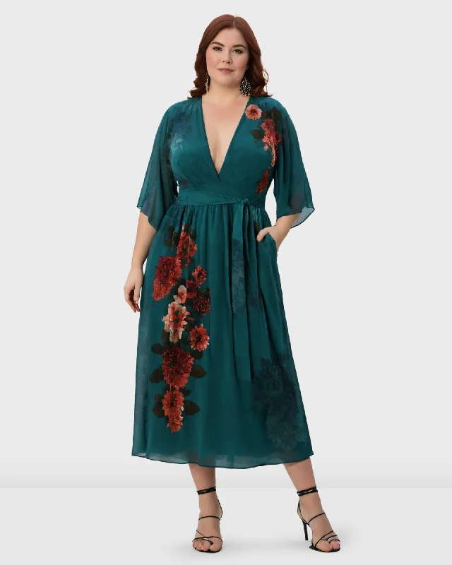 Plunge Floral Print Georgette Dress | Green Multi