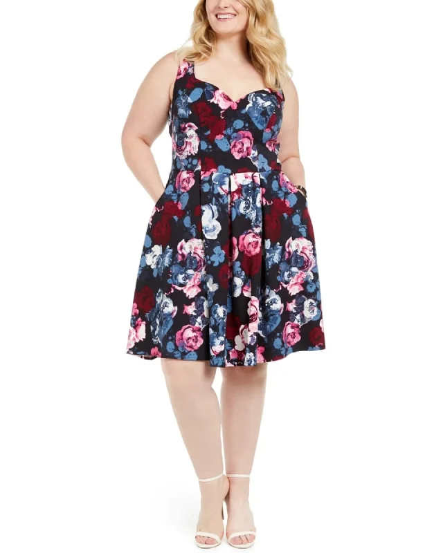 Trixxi Women's Trendy Plus Size Floral-Print Fit & Flare Dress Navy Size 18W | Blue