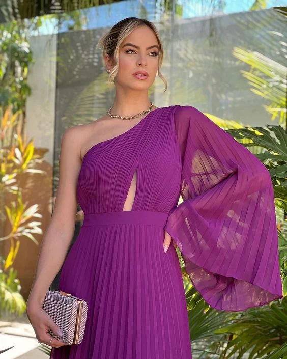 Chic Purple One Sleeve A-line Pleated Prom Dress cc699