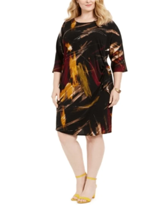 Signature Women's Plus Printed Side Tie Sheath Dress Black Size 2X | Black