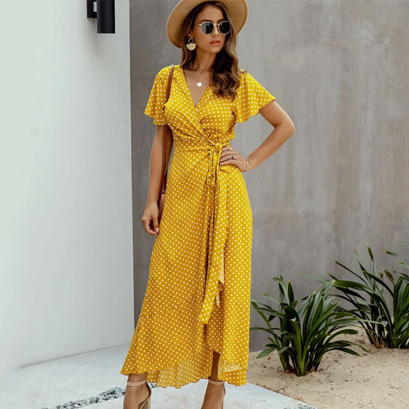 Julia Fashion - Sexy V-neck Ruffle Short-sleeved Beach Vacation Summer Dress