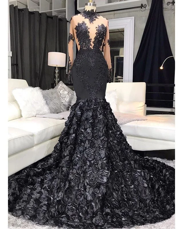 high neck black evening dresses long sleeve lace applique 3d flowers elegant modest simple evening gown vestido longo high neck black evening dresses long sleeve lace applique 3d flowers elegant modest simple evening gown vestido longo