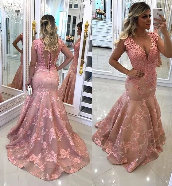 pink lace evening dresses long v neck beaded mermaid embroidery applique modest elegant evening gown pink lace evening dresses long v neck beaded mermaid embroidery applique modest elegant evening gown
