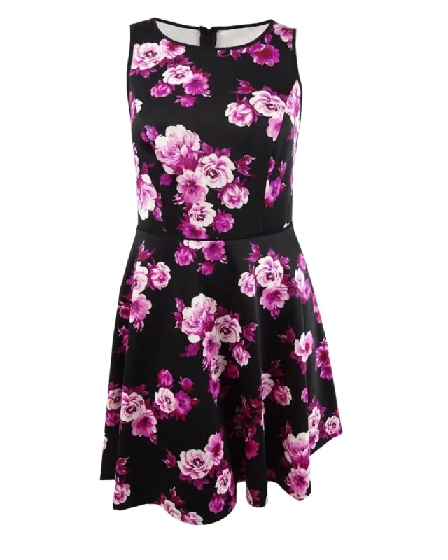 City Studios Women's Plus Floral Print A Line Dress Purple Size 18W | Purple