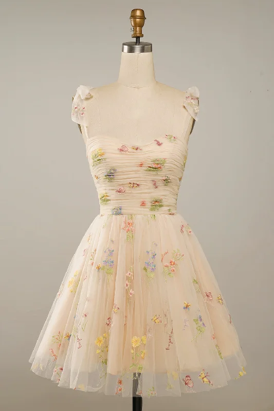 Champagne Bow Tie Embroidery Tulle A-line Homecoming Dress
