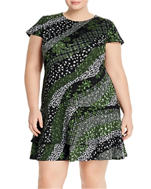 Michael Kors Women's Plus Size Mixed-Print Ruffled Fit & Flare Dress Green Size 2X | Green