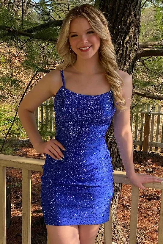 Royal Blue Beaded Straps Short Homecoming Dress