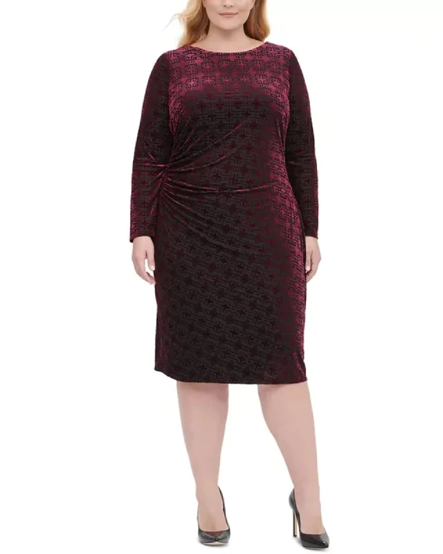 Tommy Hilfiger Women's Plus Size Long-Sleeve Velvet Burnout Sheath Dress Red Size 16W | Red Tommy Hilfiger Women's Plus Size Long-Sleeve Velvet Burnout Sheath Dress Red Size 16W | Red