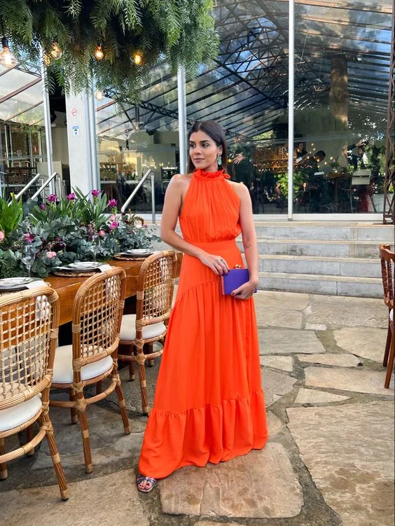 A-line Orange Prom Dress Summer Fashion Halter Pure Color Dress Elegant Style Ladies Swing Dress cc778 A-line Orange Prom Dress Summer Fashion Halter Pure Color Dress Elegant Style Ladies Swing Dress cc778