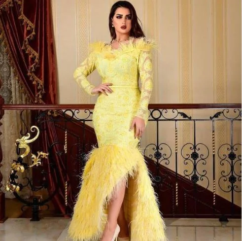 feather evening dresses long sleeve yellow mermaid modest lace applique elegant luxury evening gown formal dress feather evening dresses long sleeve yellow mermaid modest lace applique elegant luxury evening gown formal dress