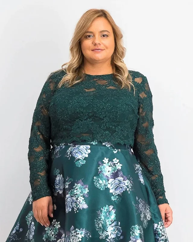 City Studios Women's Trendy Plus Size 2-Pc. Lace & Floral-Print Dress Dark Green Size 16W | Green City Studios Women's Trendy Plus Size 2-Pc. Lace & Floral-Print Dress Dark Green Size 16W | Green