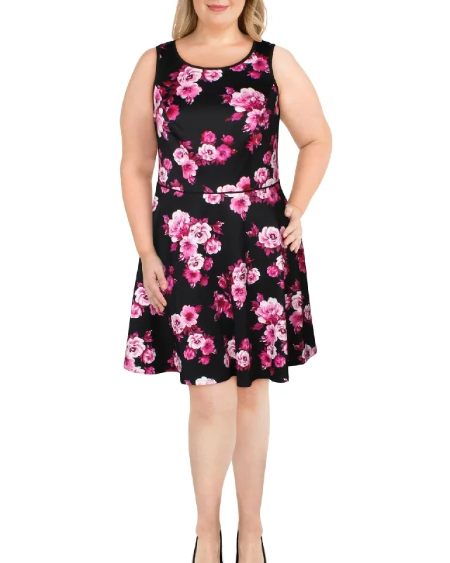 City Studios Women's Plus Skater Dress Floral A Line Black Size 14W | Black