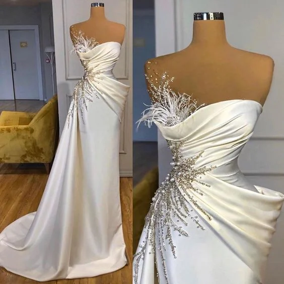 beaded feather evening dresses long mermaid off white modest elegant satin evening gown beaded feather evening dresses long mermaid off white modest elegant satin evening gown