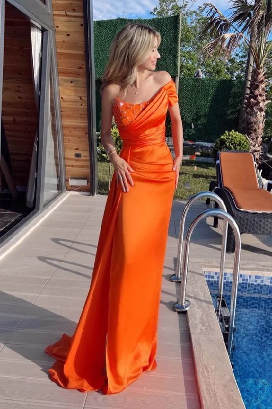 Orange One Shoulder Beadings Prom Dress Mermaid Ruffles With Split cc672
