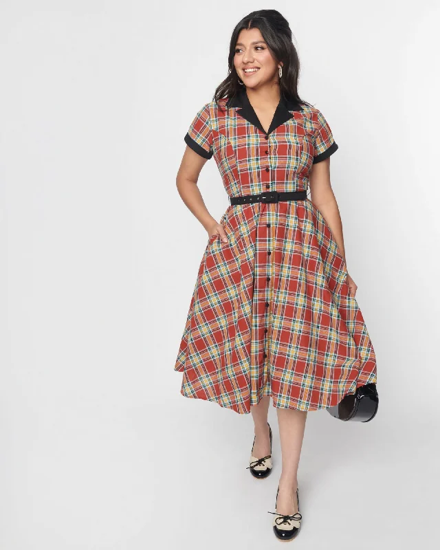 Unique Vintage Red Plaid & Black Contrast Alexis Swing Dress | Red/Plaid