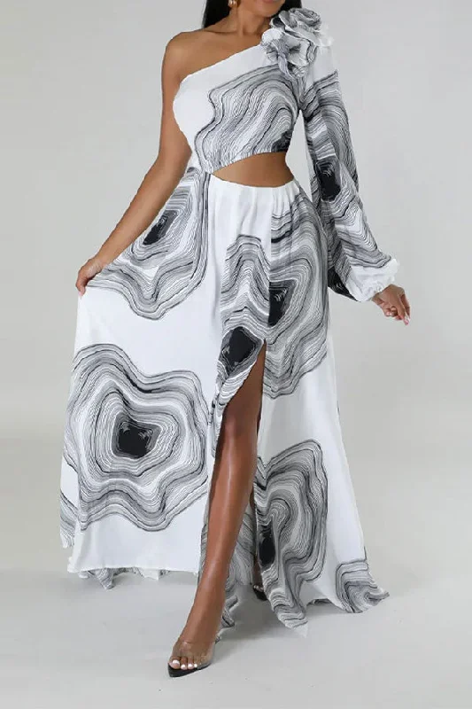 3D Flower Decor Ripple Print Modern Asymmetric Maxi Dress