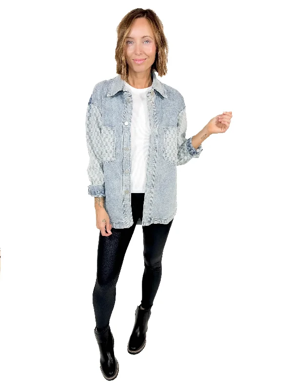Alex Checkerboard Denim Shacket- DENIM Collared Satin Blouse