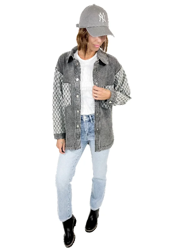 Alex Checkerboard Denim Shacket- BLACK Stretchy Fitted Blouse