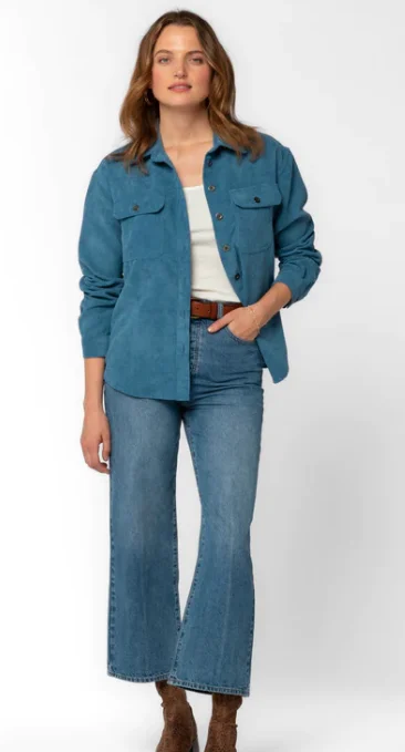 Carmele Long Sleeve Corduroy Shacket Sheer Sleeve Blouse