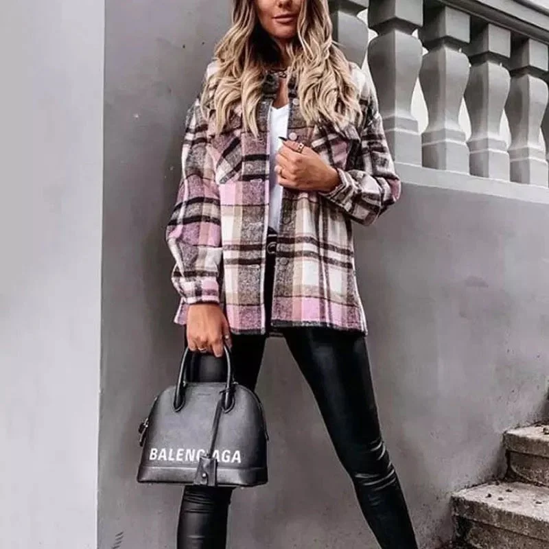 Pink Plaid Shacket Sheer Sleeve Blouse