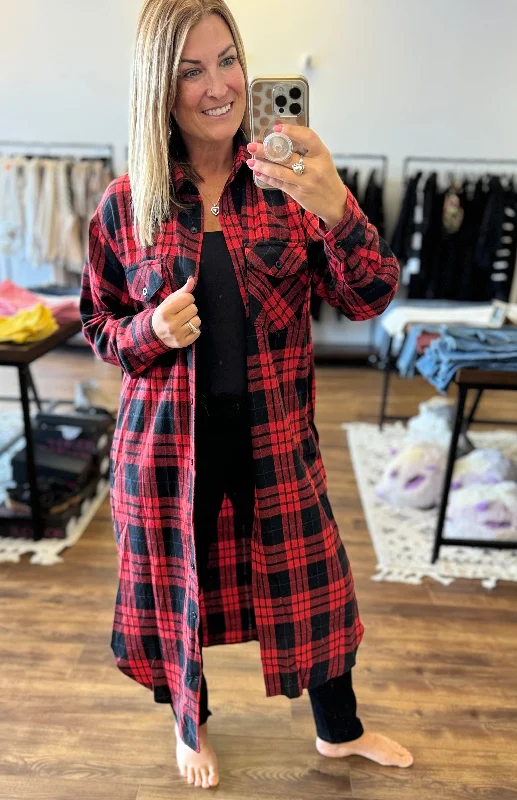 Michelle - Flannel Plaid Longline Shacket Double Button Blouse