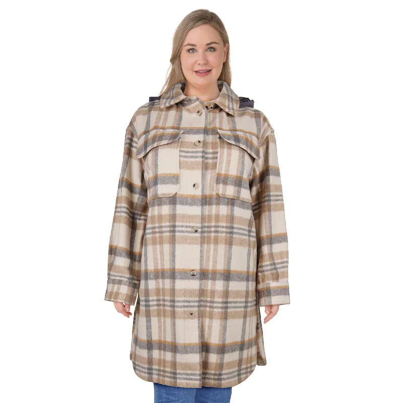 mySTYLE Women's Plus Long Plaid Shacket Feminine Satin Blouse