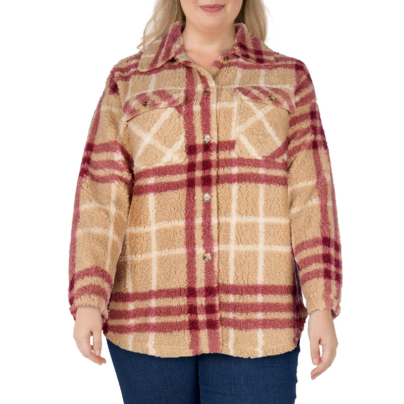 mySTYLE Women's Plus Plaid Sherpa Shacket with Full Button Closure Classic Minimalist Blouse