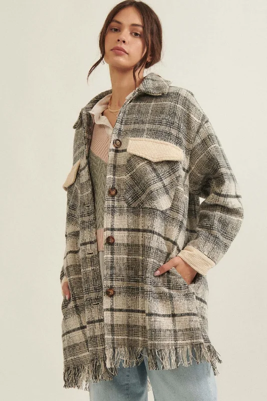 Off the Trail Plaid Tweed Longline Shacket Silky Draped Blouse