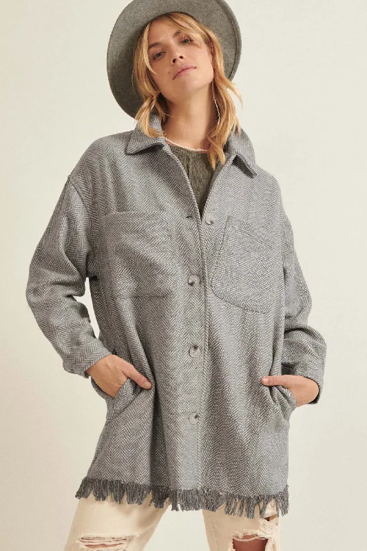 On the Fringe Herringbone Tweed Shacket Relaxed Fit Blouse