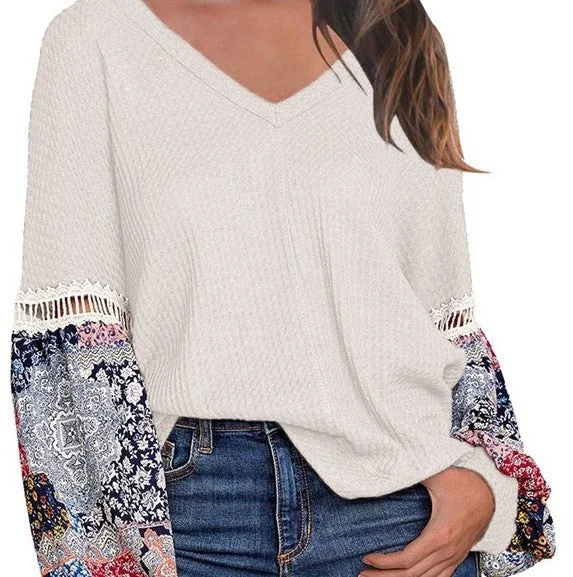 MIHOLL Women's Loose Fit Printed Sleeve Waffle Knit Blouse Size XXL $45 NWT Office Formal Blouse