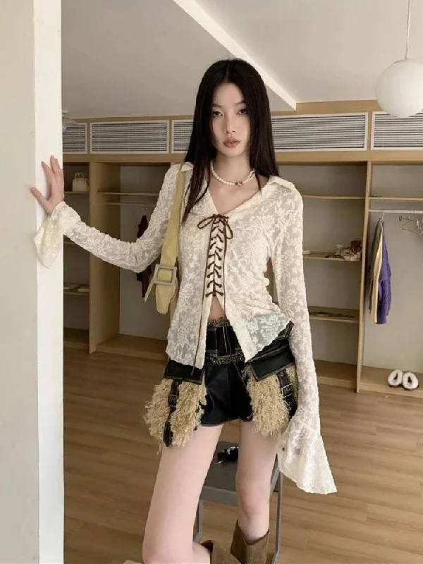 Fairy Grunge Transparent Lace Blouse Frilled Cuff Blouse