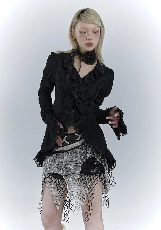 Goth Asymmetric Ruched Sleeve Blouse Polished Work Blouse