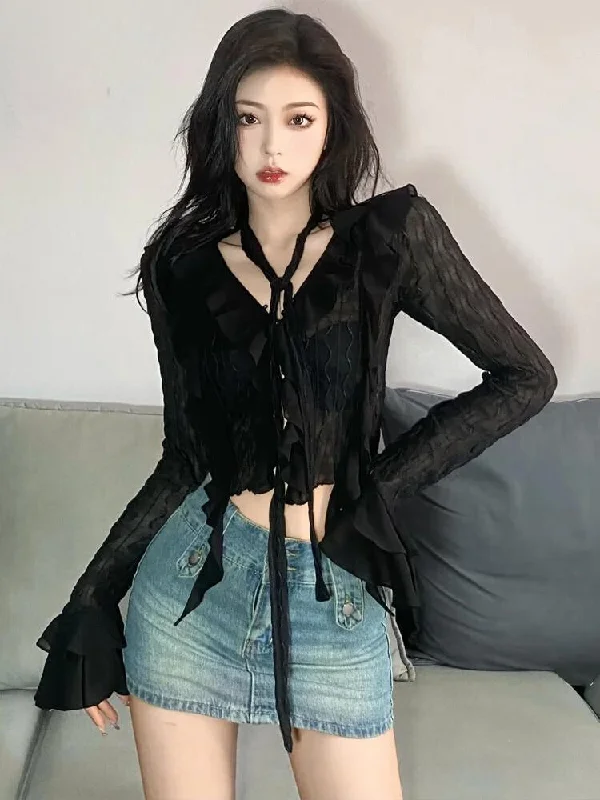 Goth Sheer Ruffled Blouse Textured Cotton Blouse