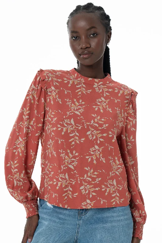 Hi-Neck Blouse _ 145742 _ Rust Delicate Bow Blouse