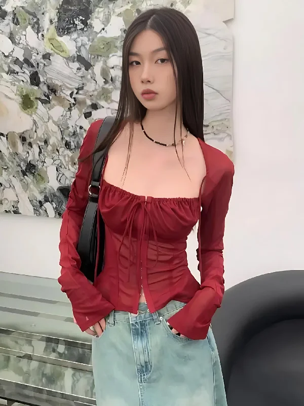 Sheer Ruched Lace Up Blouse Silky Draped Blouse
