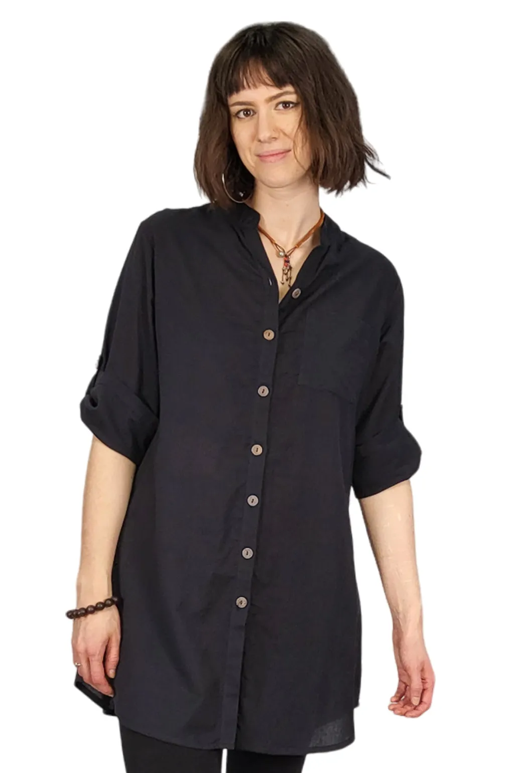 Solid Tunic Blouse Cotton Casual Blouse