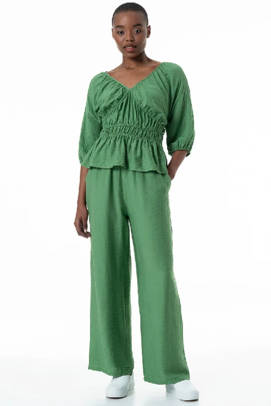 V-Neck Blouse _ 152218 _ Green Semi-Sheer Blouse