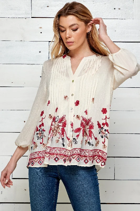 Figueroa & Flower 3/4 Sleeve Embroidered Blouse Sleeveless Summer Blouse