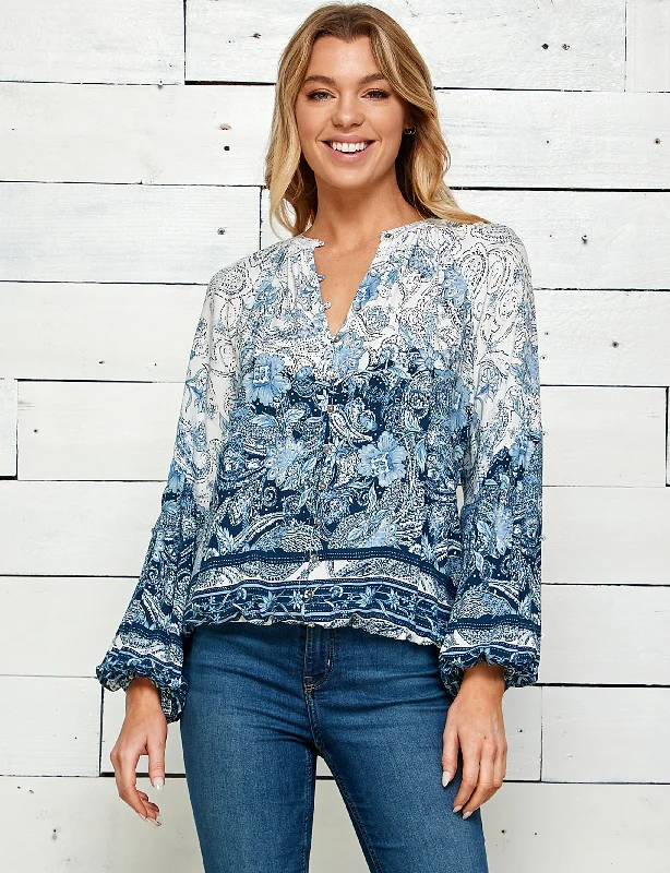 Figueroa & Flower 3/4 Sleeve Print Peasant Blouse Classic White Blouse