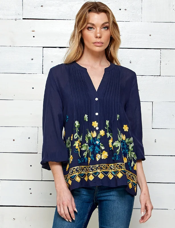Figueroa & Flower Navy Embroidered Blouse Elegant Embroidery Blouse