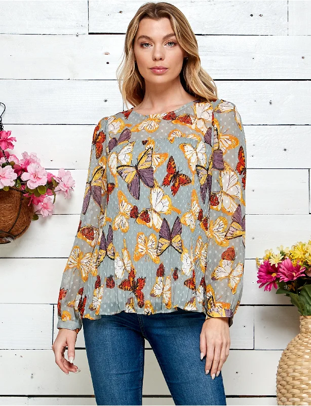 Figueroa & Flower Pleated Print Blouse Airy Cotton Blouse